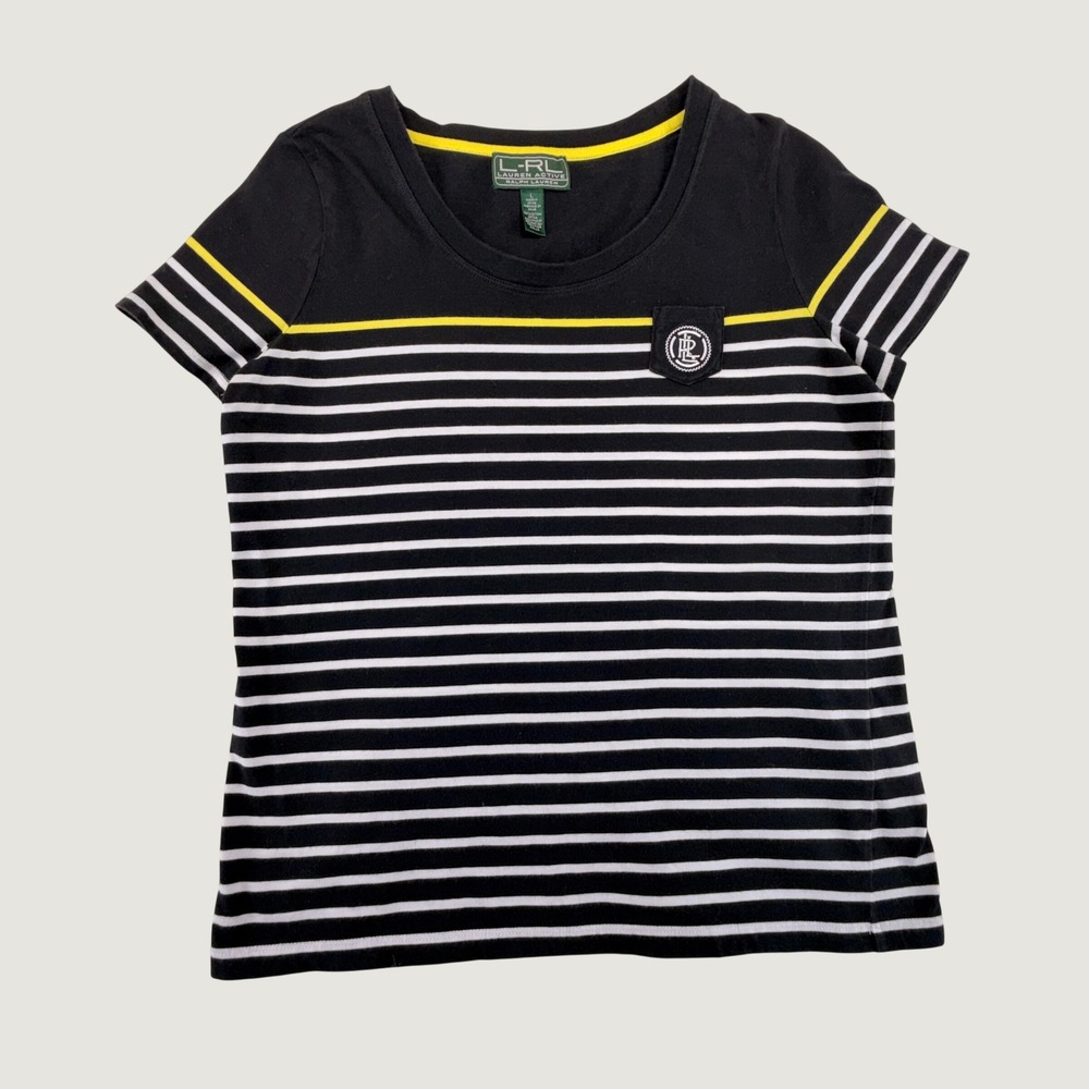 Lauren Active Ralph Lauren Striped T-Shirt Black White Yellow Crest Large